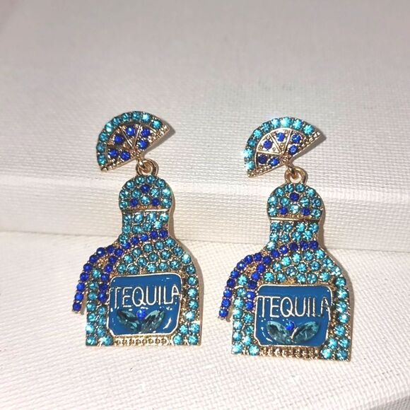 New TEQULIA BOTTLE TURQUOISE & COLBOLT BLUE rhinestone earrings - Picture 1 of 12
